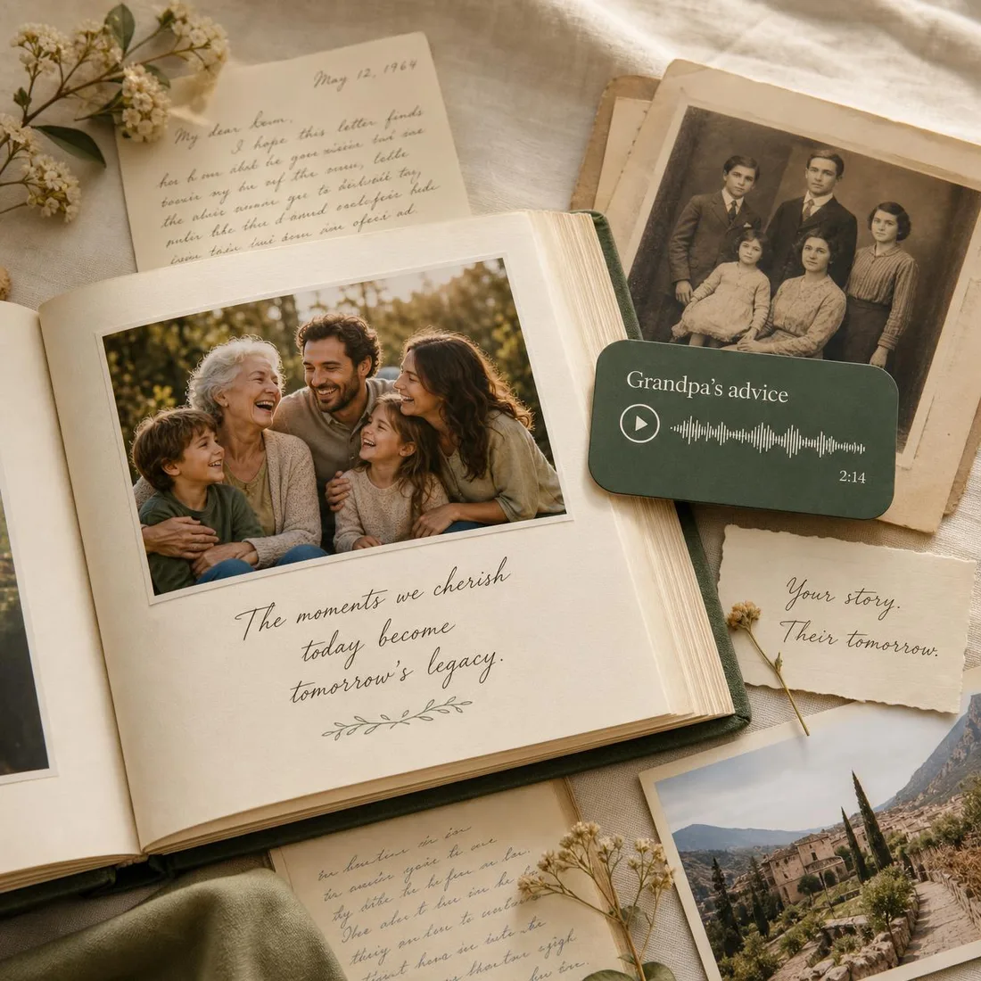 An open family photo album with handwritten notes, dried flowers and keepsakes on a warm wooden table.