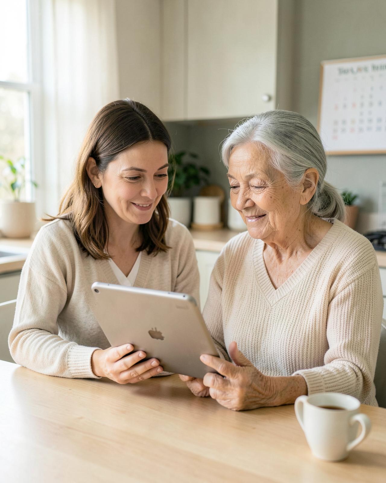An adult daughter and her older mother sitting together at a bright kitchen table, looking at a tablet with the day's care plan.